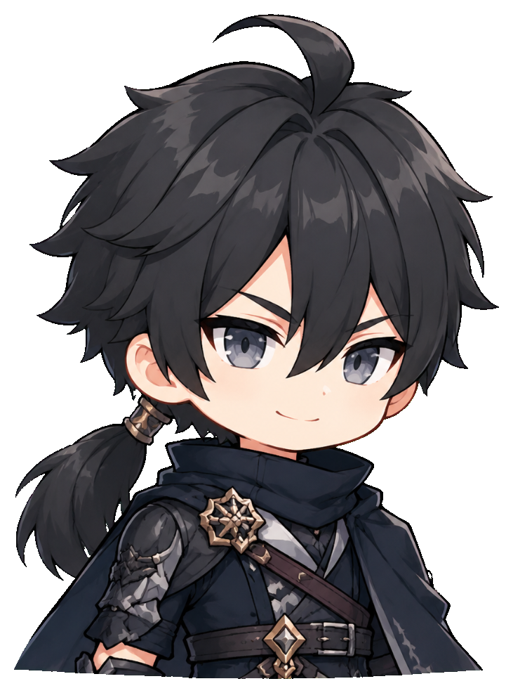 Archived near-frontal upper-body portrait with ponytail and dark costume details.