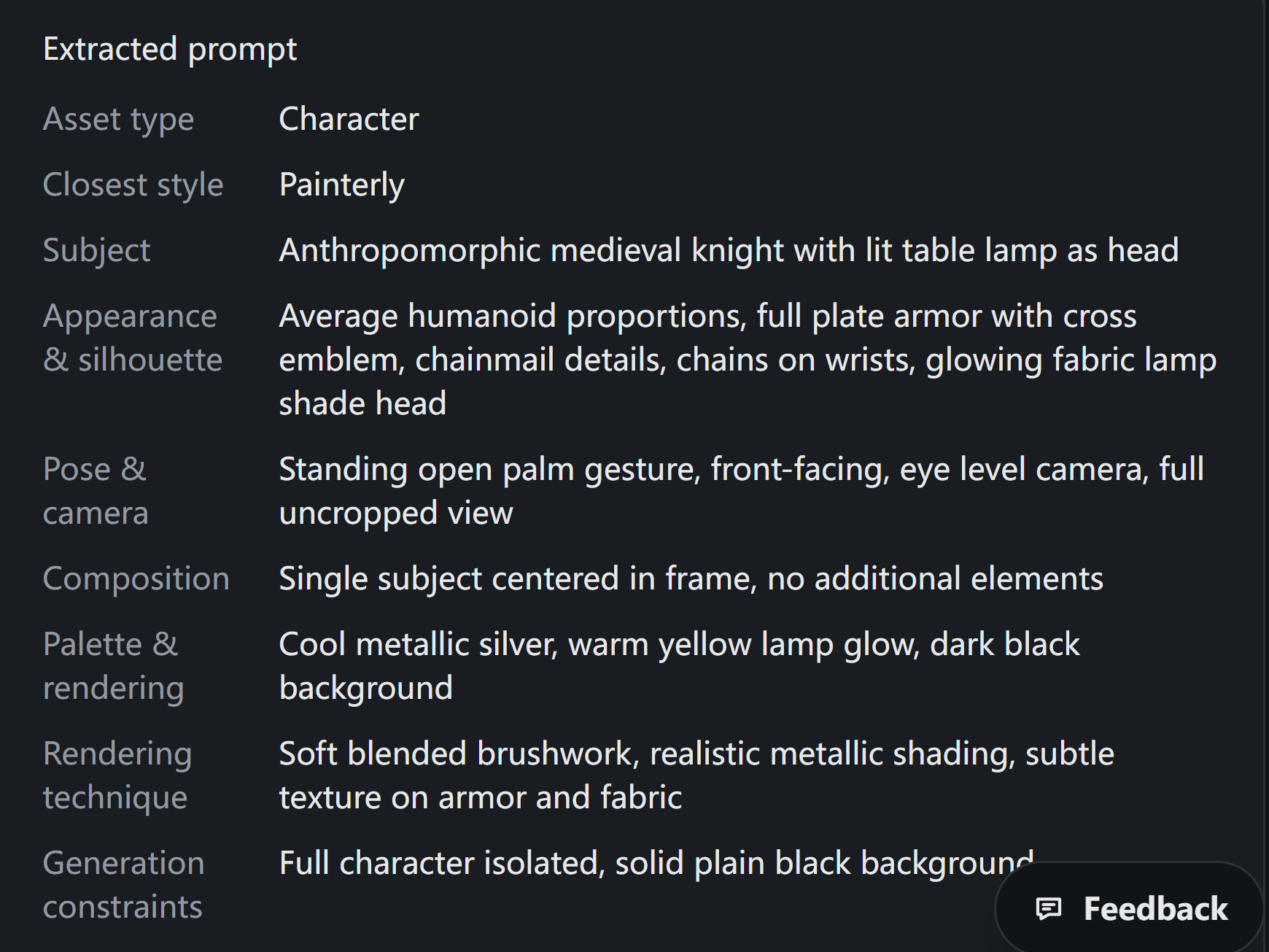 Archived extracted field table: Character, Painterly, lamp-headed knight, pose, palette and rendering.