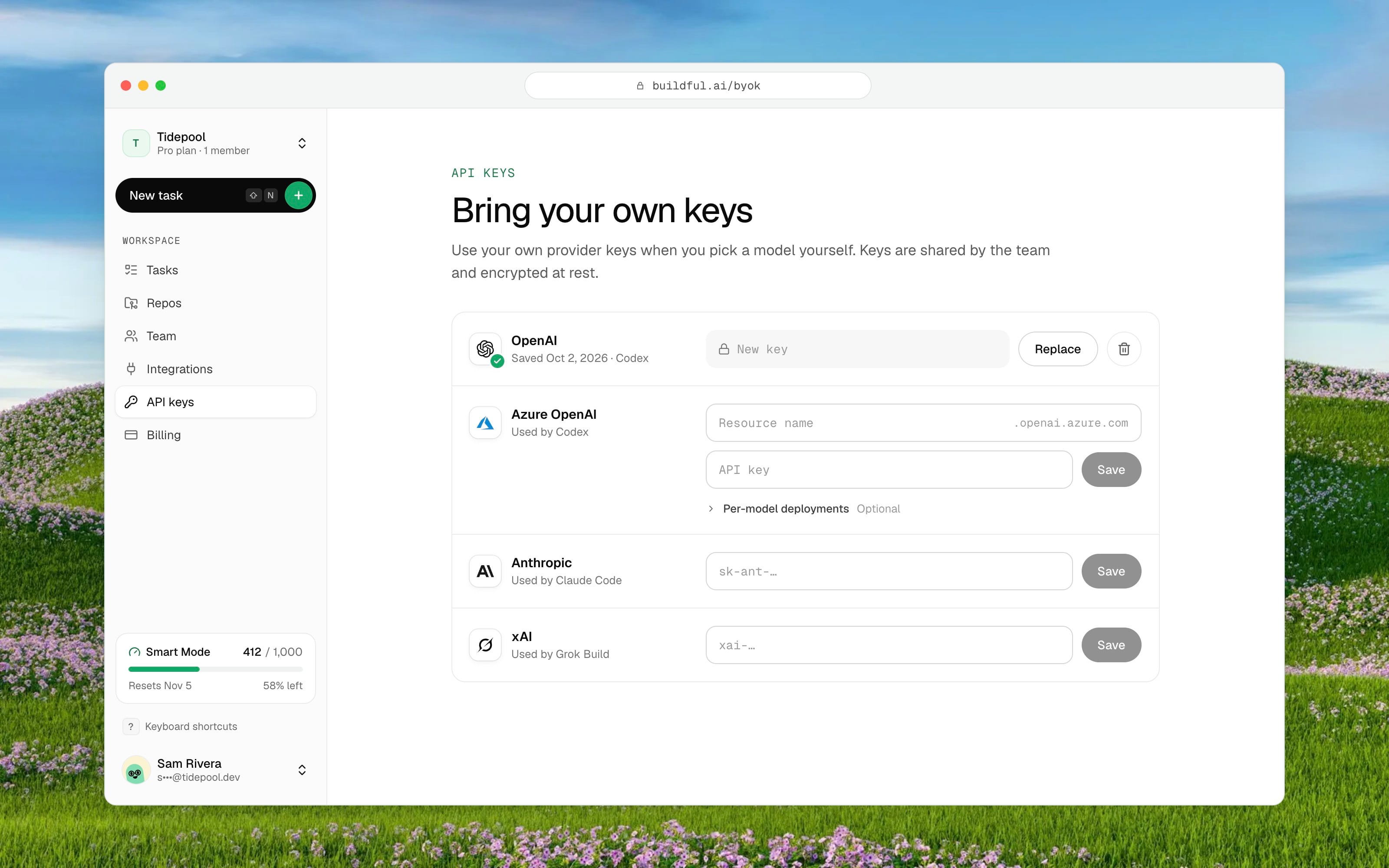 A settings page listing OpenAI, Azure OpenAI, Anthropic and xAI, each with a masked API key field.