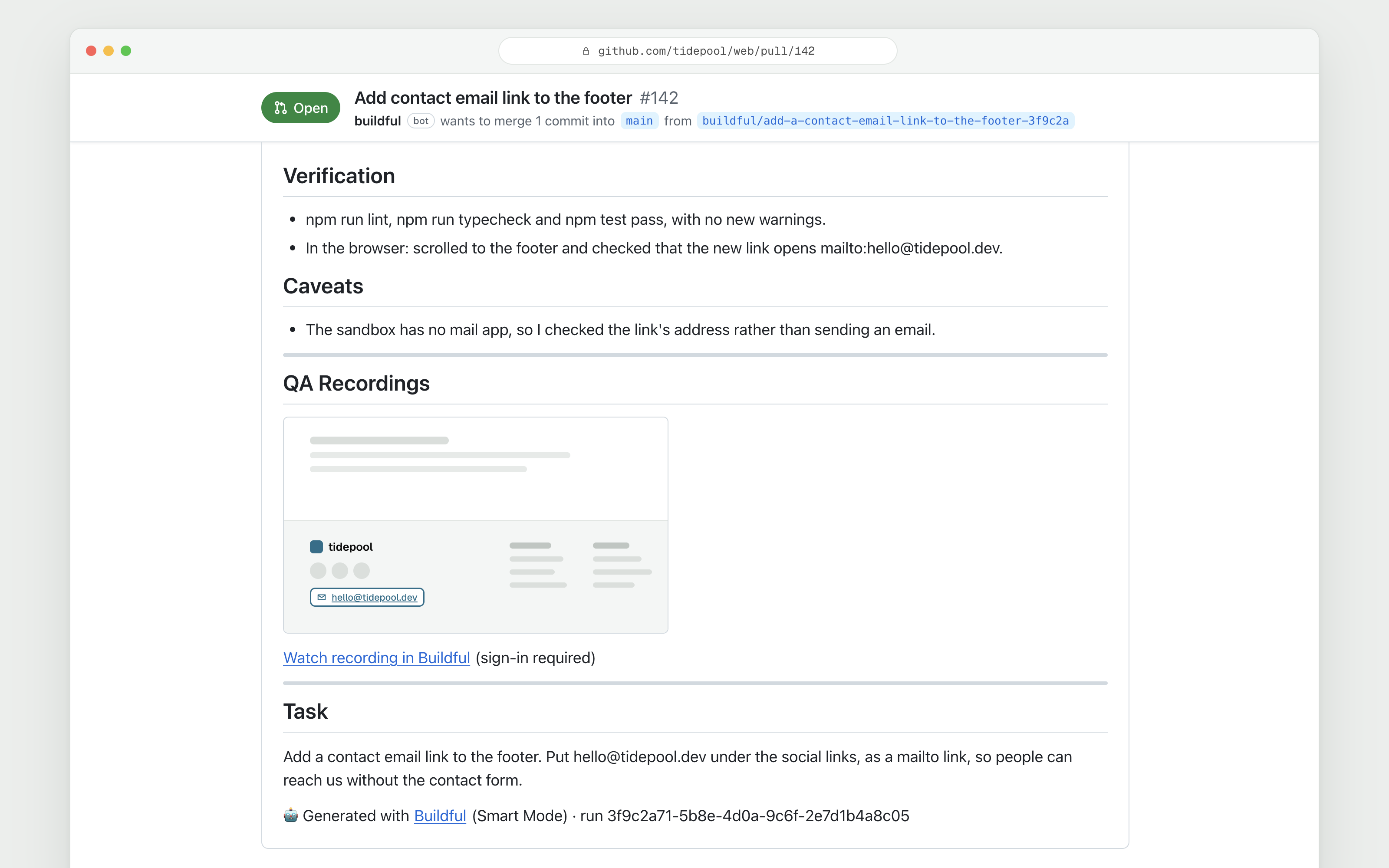 A pull request opened by Buildful: what it verified, its caveats, and the QA recording in the pull request body, above the original task