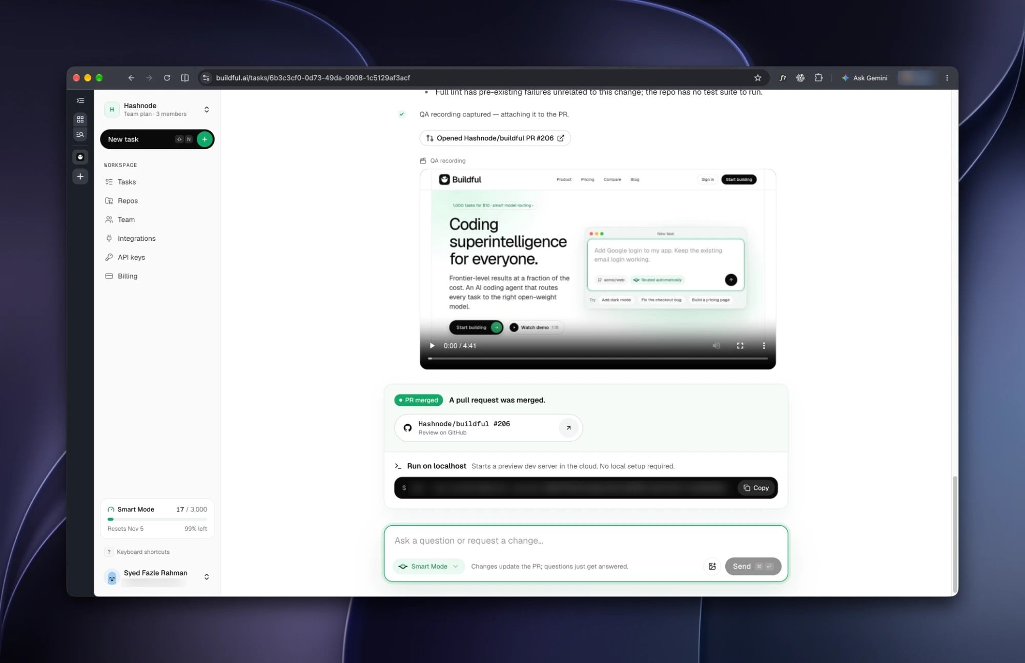 The end of the task: the QA recording playing in the task view, the merged pull request, and the command to run the change locally.