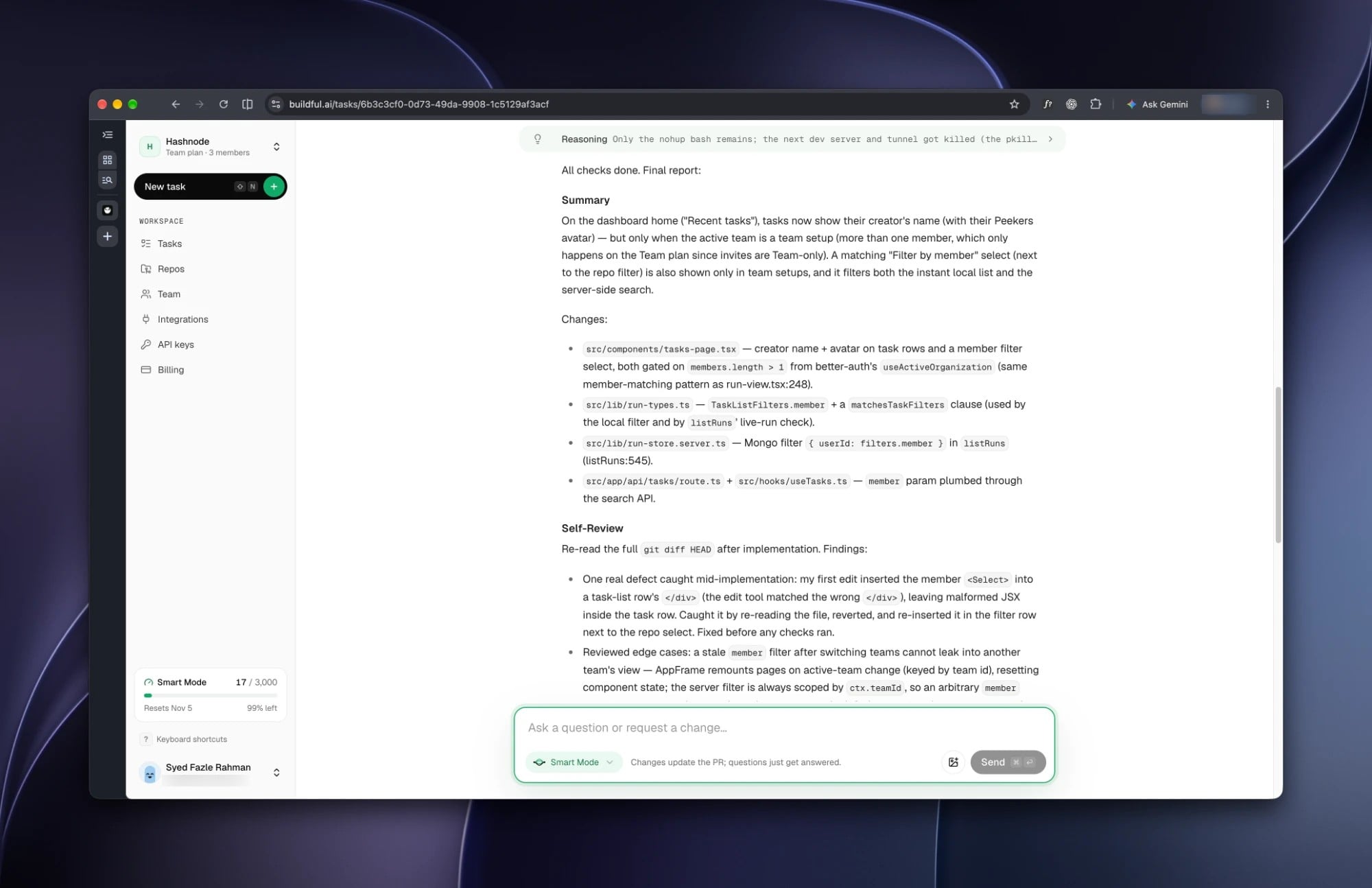 The finished report in the task view: a plain summary of the change, the list of files changed, and the self-review describing the mistake it caught.