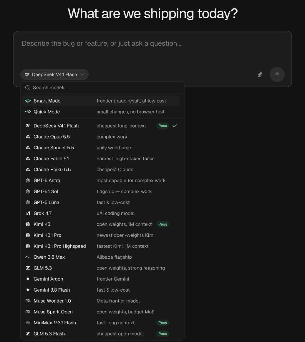 The Buildful model picker open in the task box, listing Smart Mode, Quick Mode and 20 models, with a Pass tag on DeepSeek V4.1 Flash, Kimi K3, MiniMax M3.1 Flash and GLM 5.3 Flash.