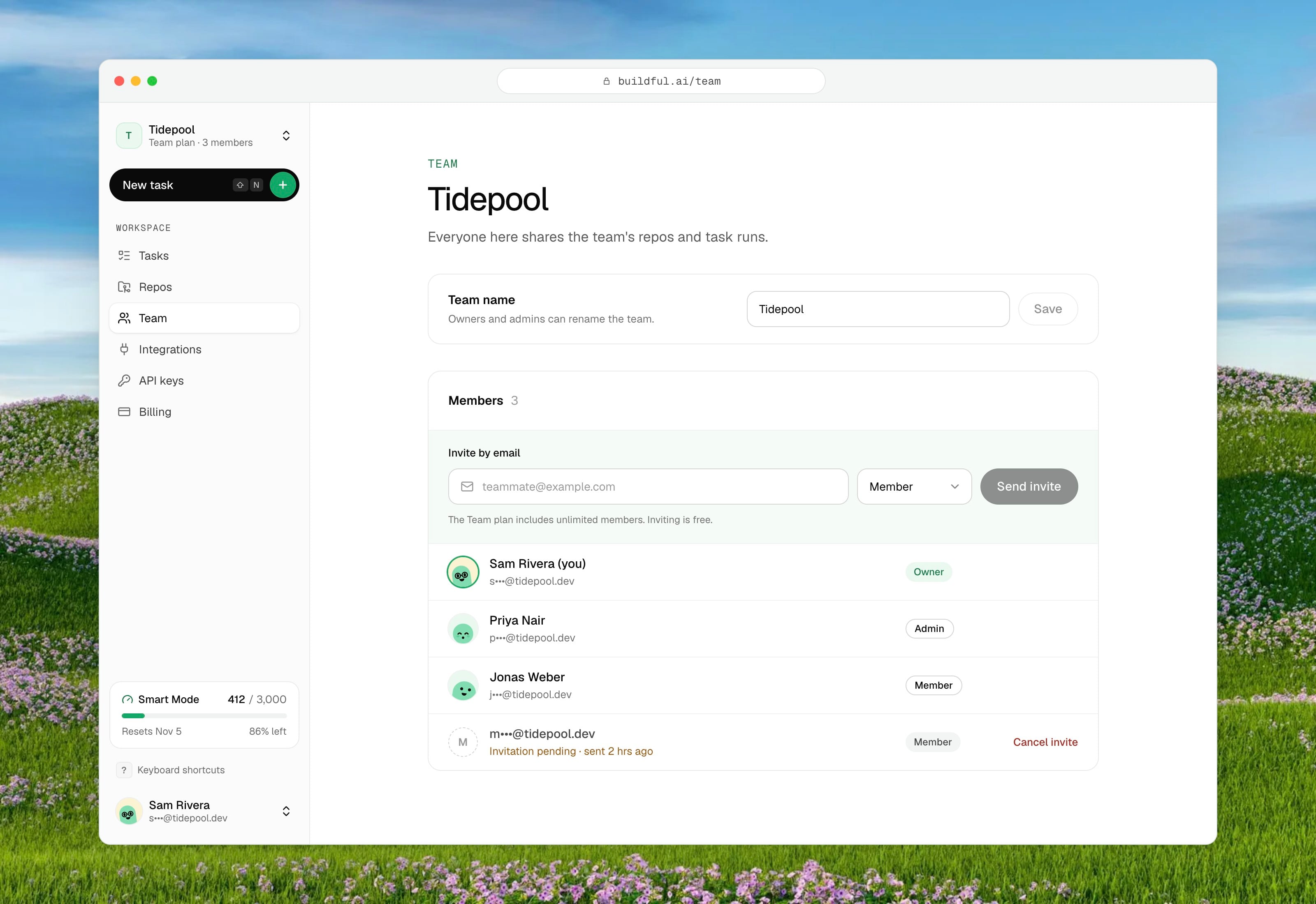 The Team page: the team name, an invite-by-email box, members with their roles, and a pending invite.