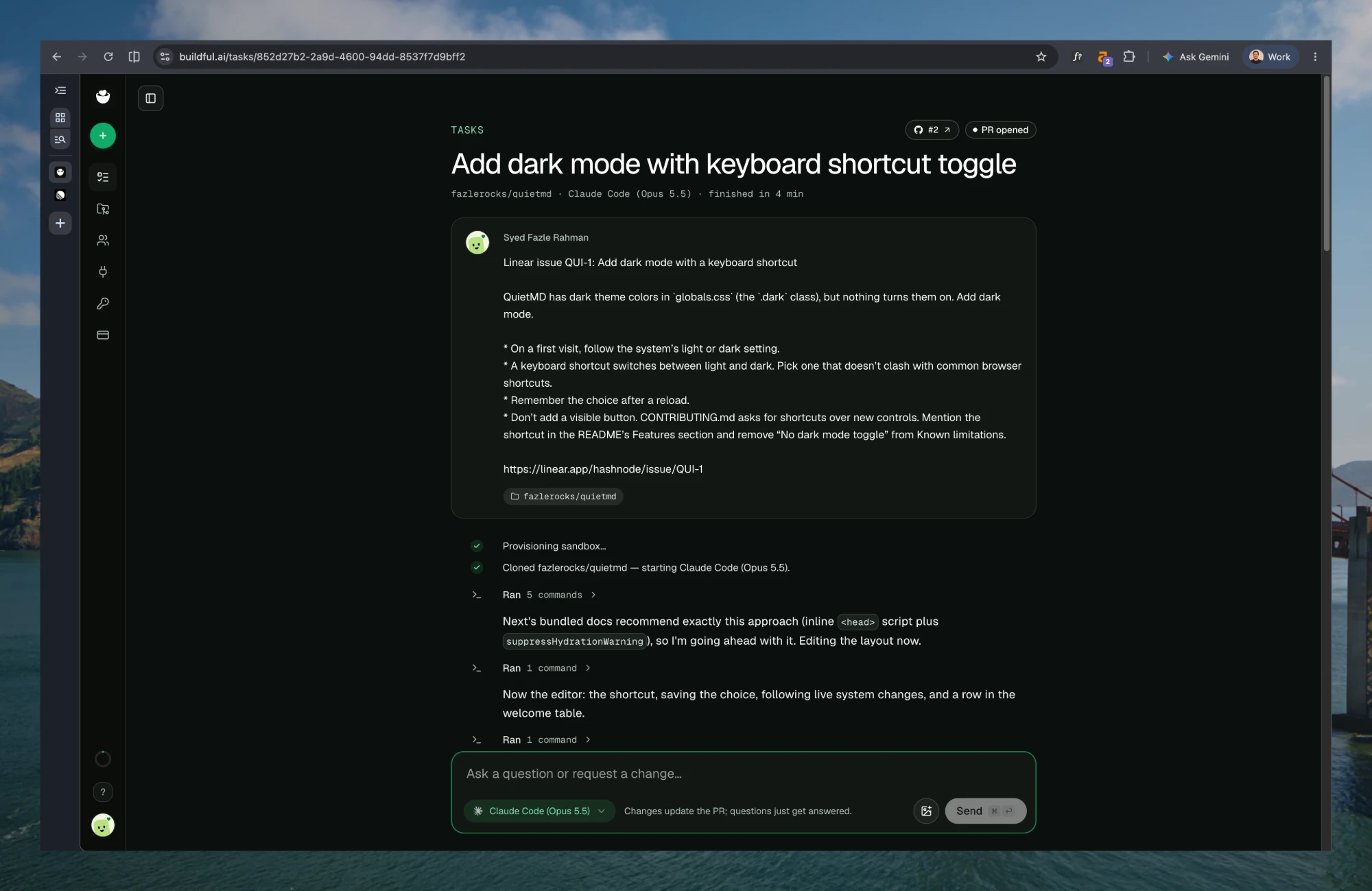 The Buildful task page for QUI-1, showing the issue text, the sandbox and clone steps, and Claude Code's notes as it works: it read Next.js's bundled docs and is editing the layout.