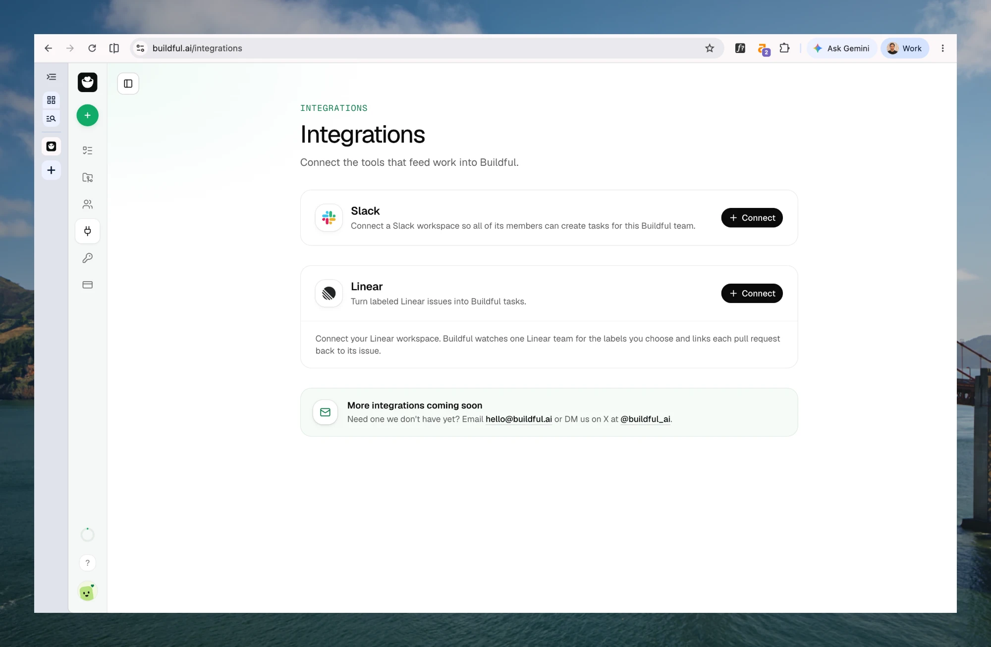 The Integrations page in Buildful, with a card for Slack and a card for Linear, each with a Connect button.