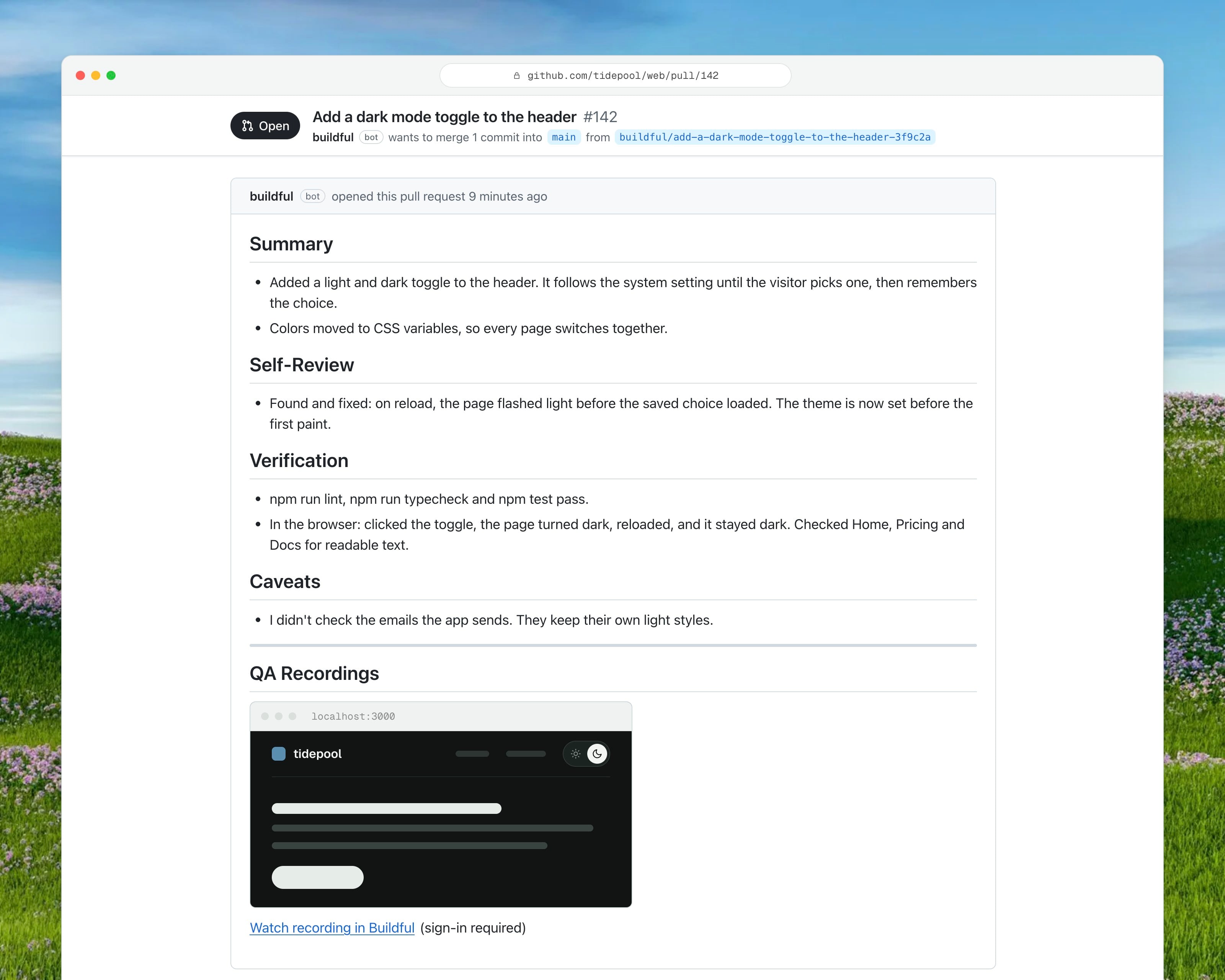 A GitHub pull request description with four sections, Summary, Self-Review, Verification and Caveats, followed by an animated recording of the change in a browser.