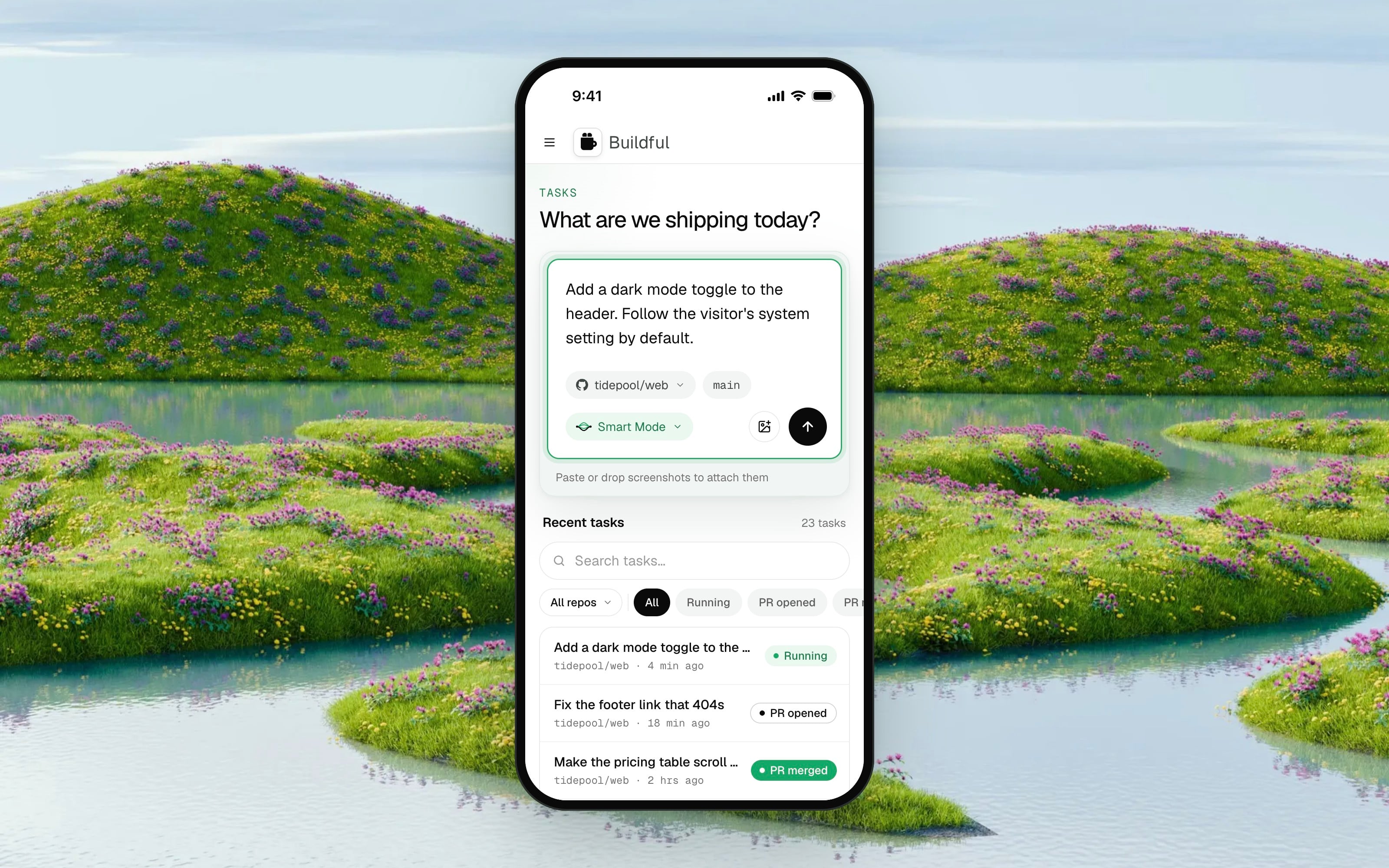 The Buildful task box on a phone screen with a request typed in.