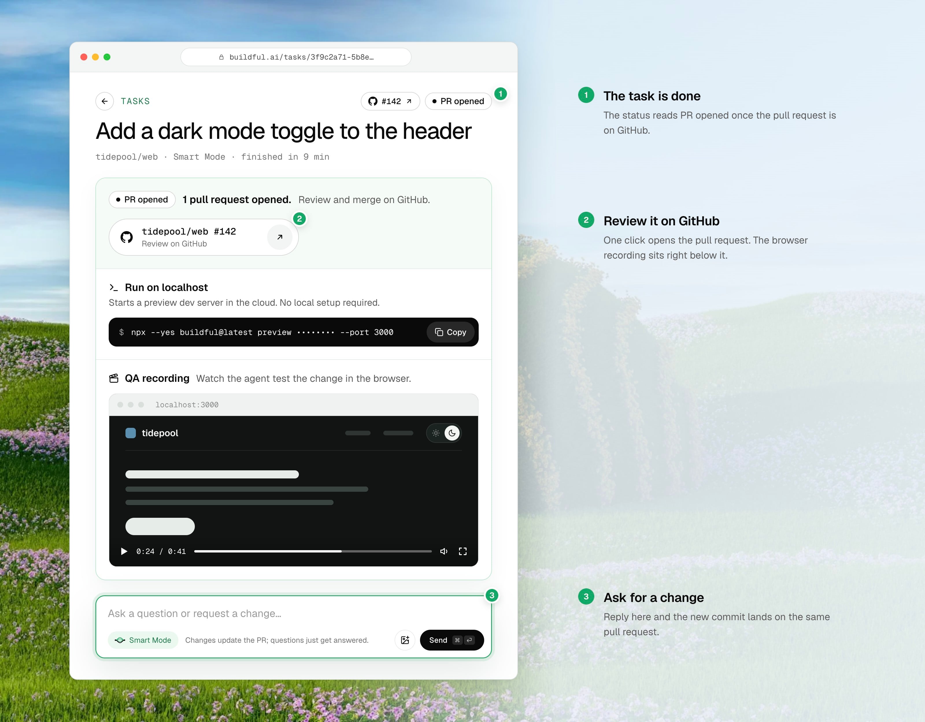 A finished Buildful task showing the status "PR opened", a button that opens the pull request on GitHub, and a box for replying with a follow-up.
