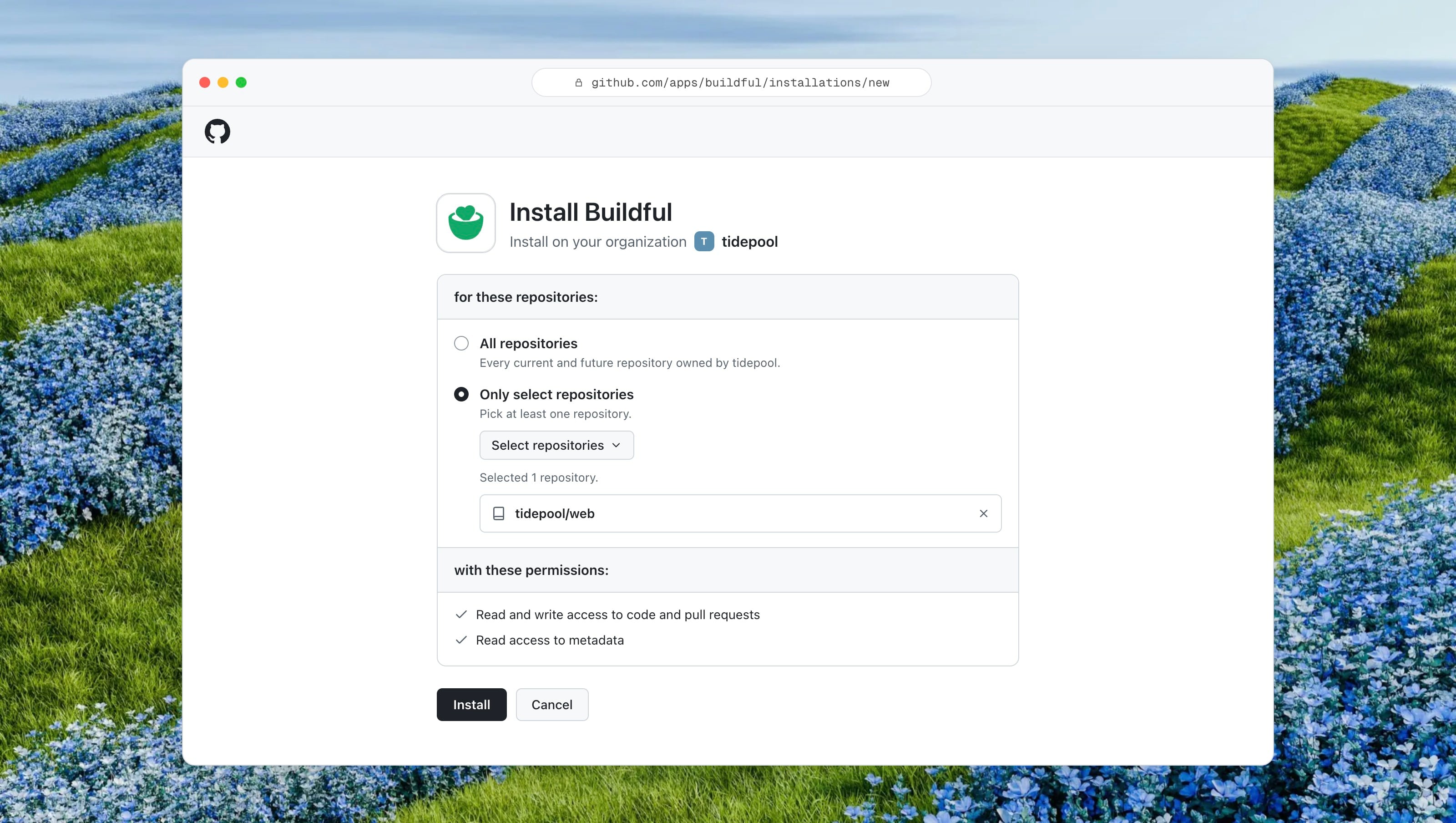 GitHub's install screen for the Buildful app, with a list of repositories and a choice between all repos and selected repos.