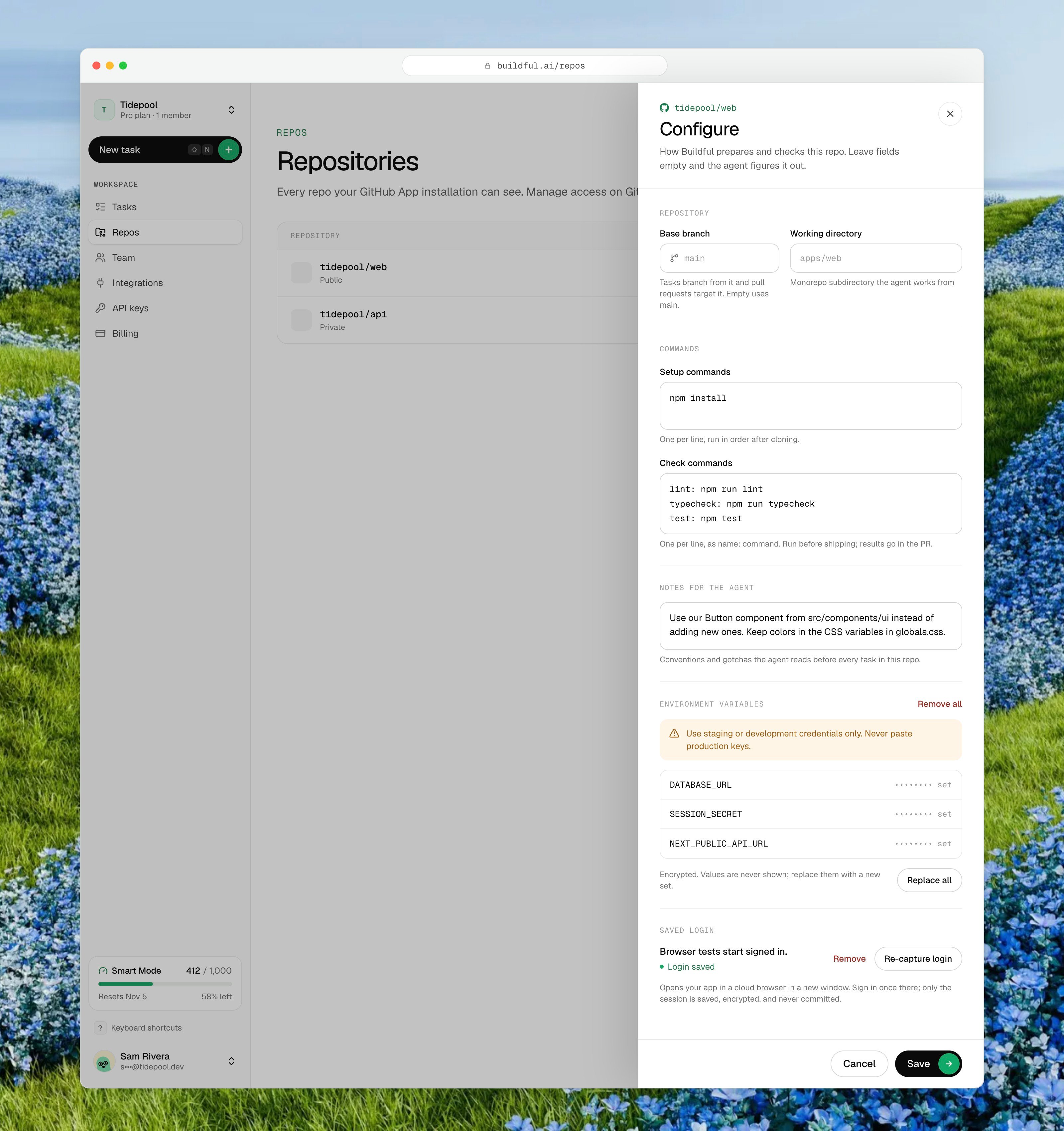A settings panel with fields for base branch, working directory, setup commands, check commands, notes for the agent, masked environment variables and a saved login.