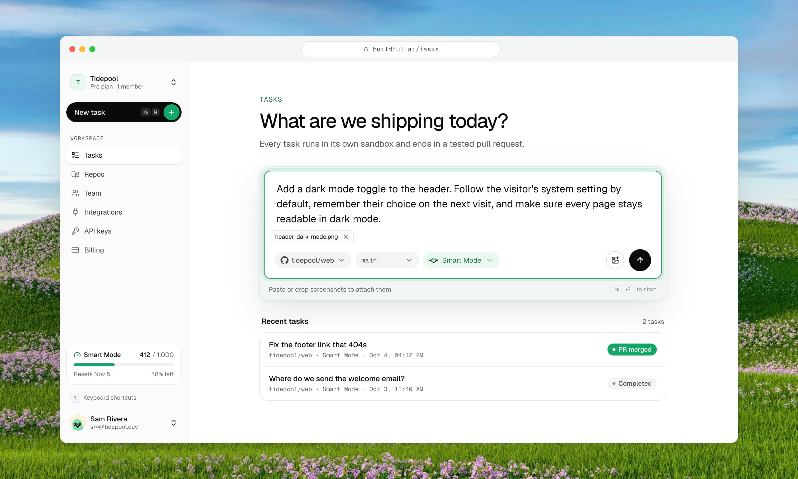 The Buildful task box headed "What are we shipping today?" with a typed request, a repo picker, a branch picker, an attached image and Smart Mode selected.
