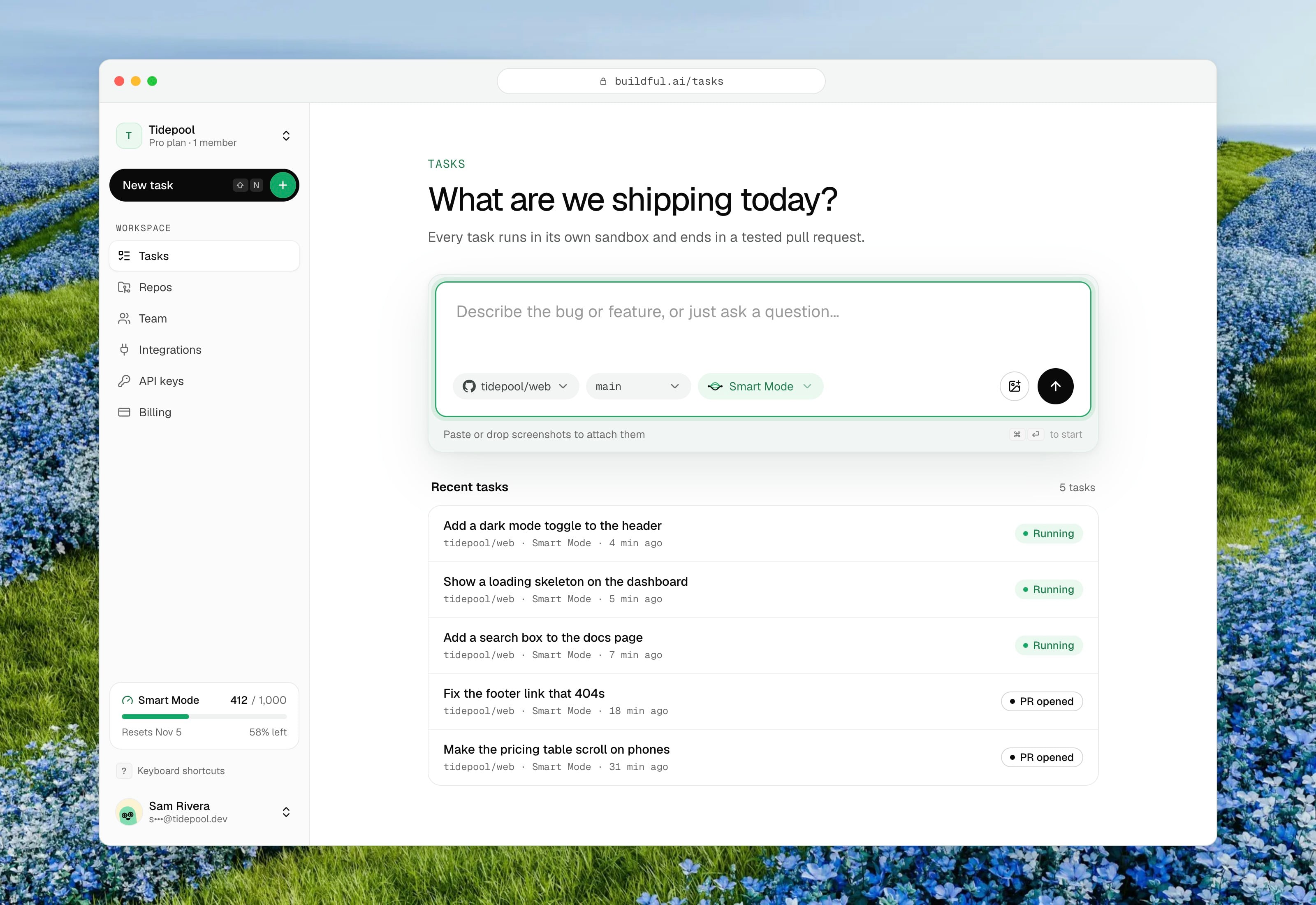 The Buildful task list with several tasks marked Running and PR opened.