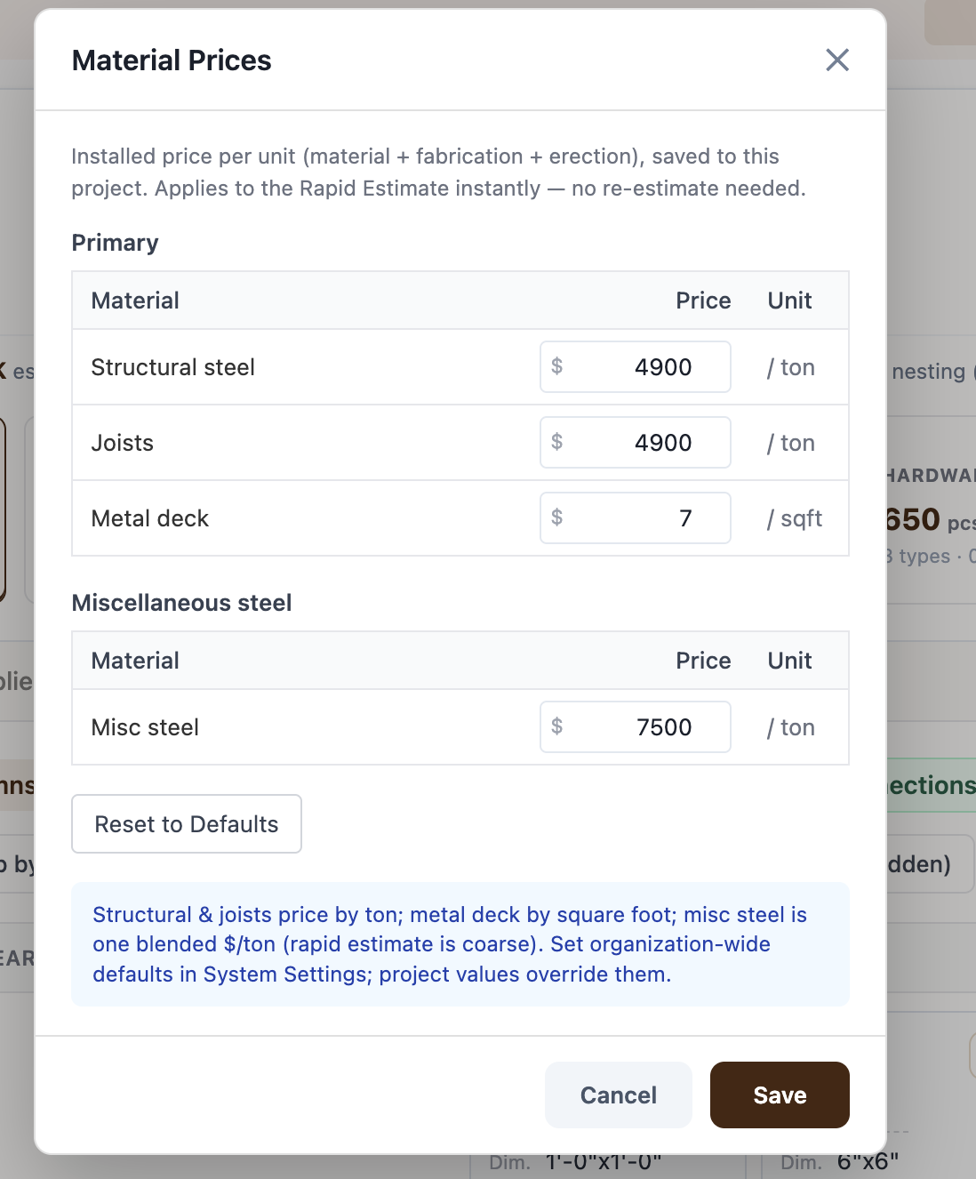 The Material Prices dialog in Ferra, opened from the takeoff settings next to Labor rates and Buy items. Installed price per unit by material, structural steel and joists per ton, metal deck per square foot, and miscellaneous steel as one blended rate per ton, with a note that organization-wide defaults are set in System Settings and project values override them