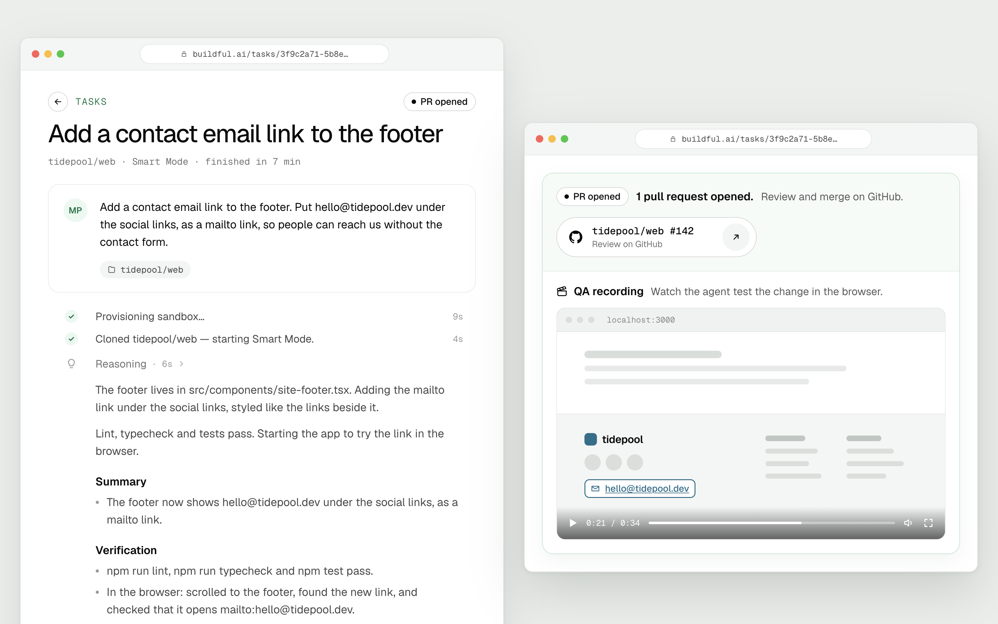 The Buildful run view for a small task, adding a contact email link to the footer: the prompt, the agent's narration and checks on the left; on the right, the opened pull request and the QA recording of the change in a browser