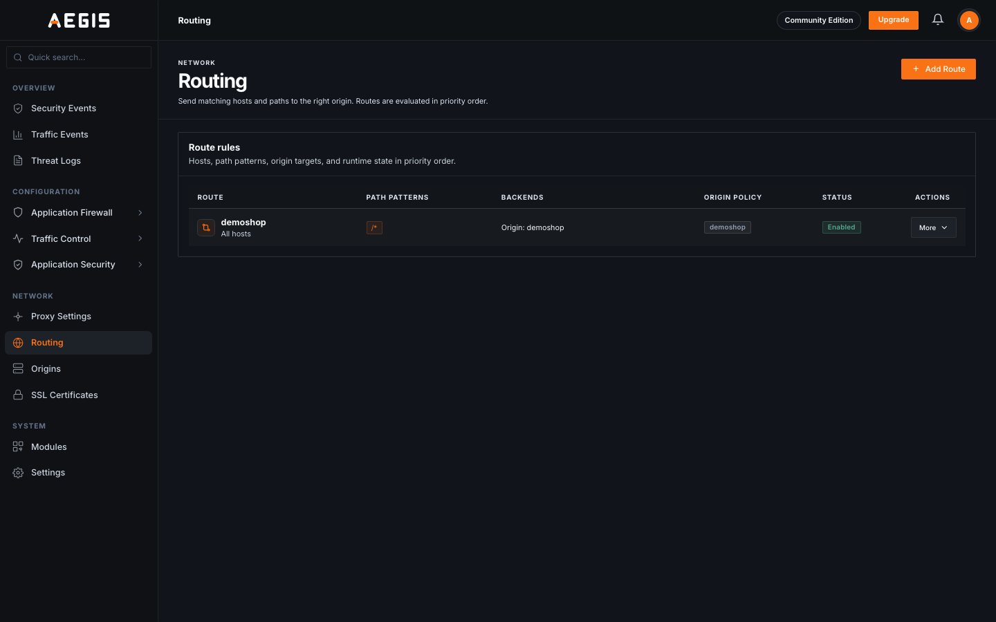 Consola de Aegis: la ruta demoshop apuntando al origin, Enabled