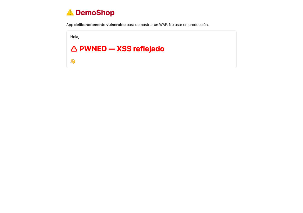 HTML inyectado renderizado en /greet: "PWNED — XSS reflejado"
