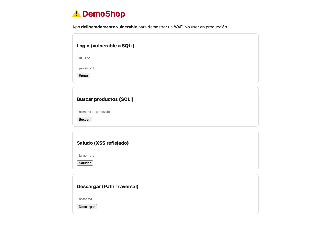 Home de DemoShop con los cuatro formularios vulnerables