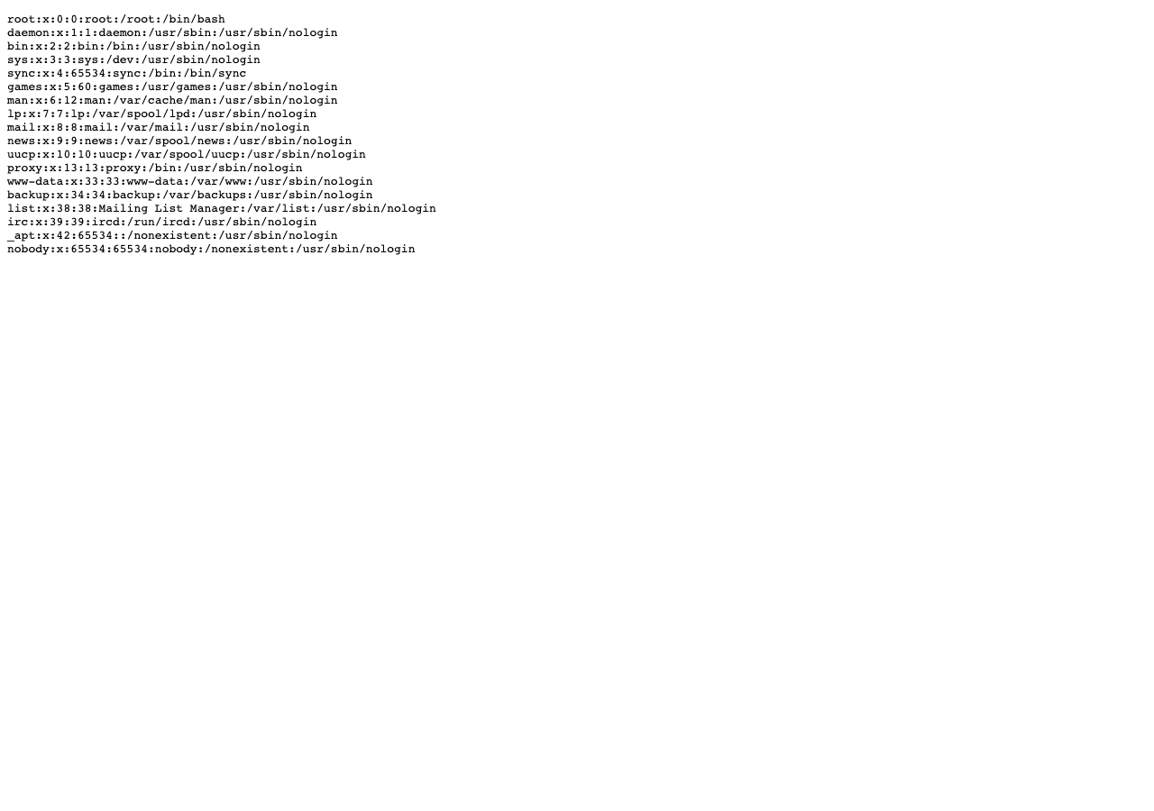 El /etc/passwd del contenedor servido por la app como text/plain