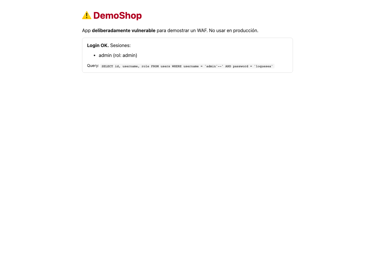 Bypass con admin'--: Login OK entrando directo como admin