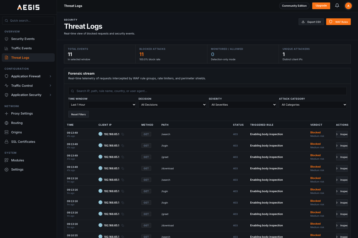 Threat Logs: forensic stream con los ataques bloqueados, 100% block rate