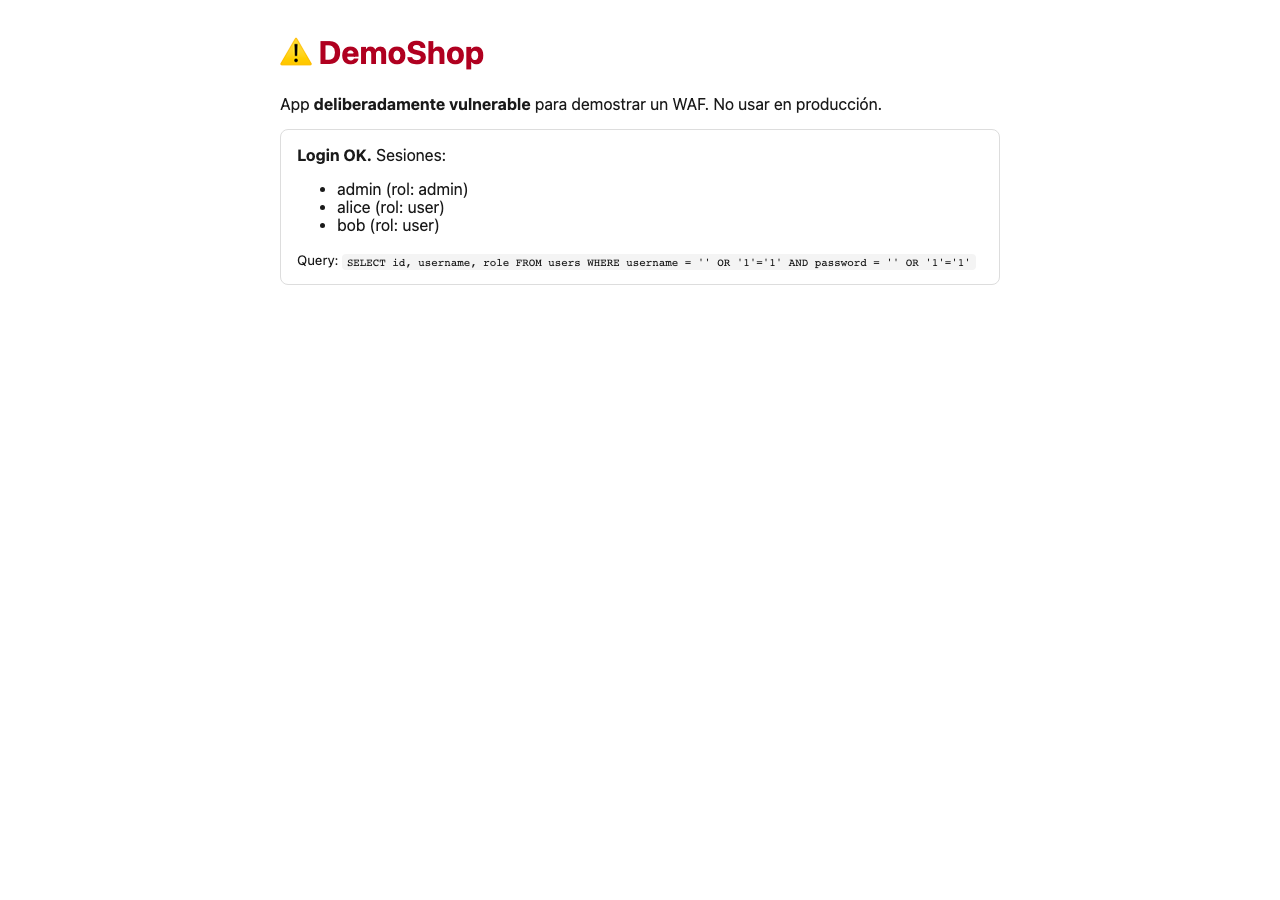 Bypass con ' OR '1'='1 en ambos campos: Login OK listando todos los usuarios