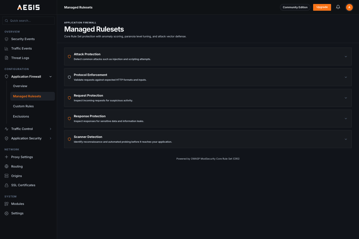 Managed Rulesets: los grupos del OWASP CRS activos (Attack Protection, Protocol Enforcement, etc.)