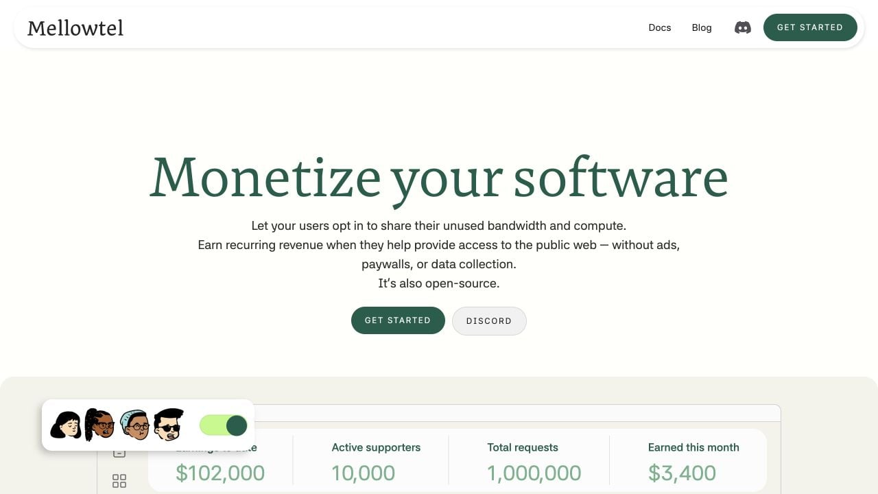 Mellowtel homepage showing its opt-in bandwidth-sharing platform