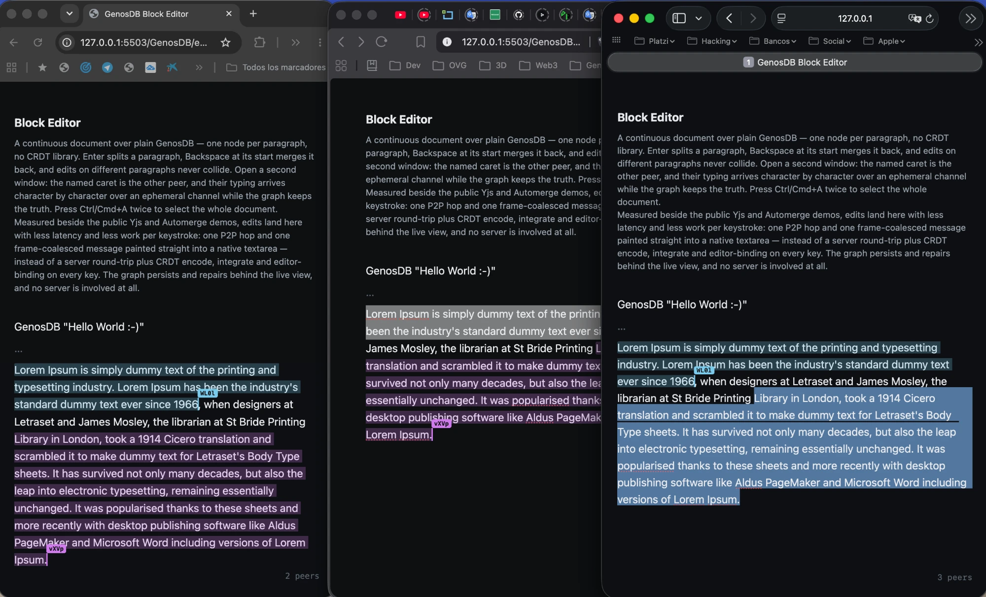 Several peers editing the same document: each cursor carries its peer's name and colour, and selections are visible across windows