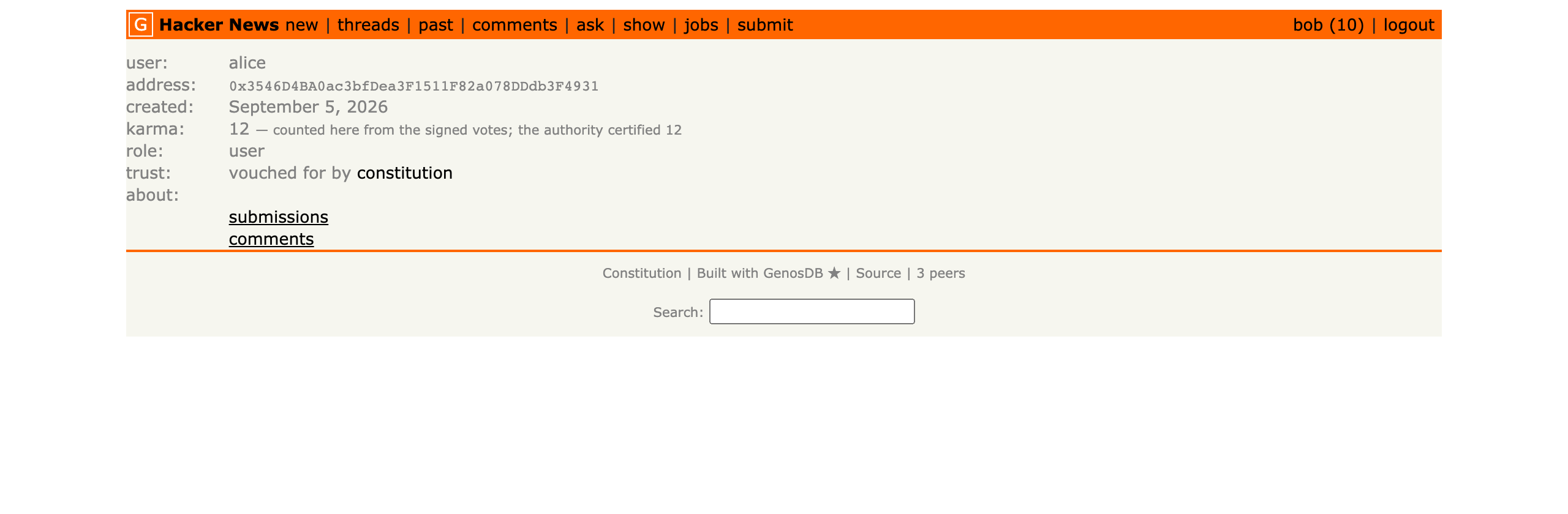 A profile on dNews: karma computed here beside the karma the authority certified, and who vouched for whom