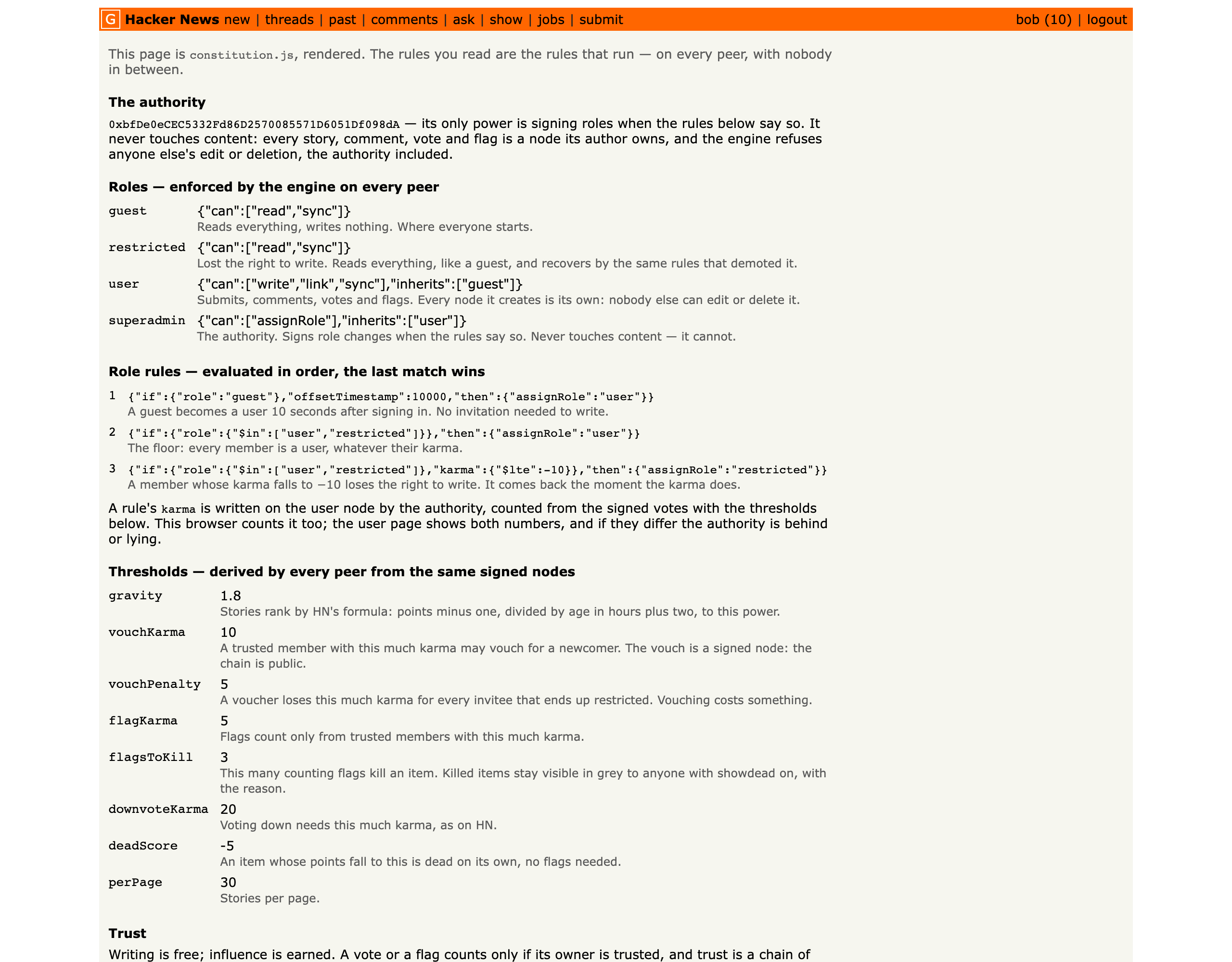 The constitution page: the same file the app runs, rendered — roles, rules, thresholds, and how to amend them