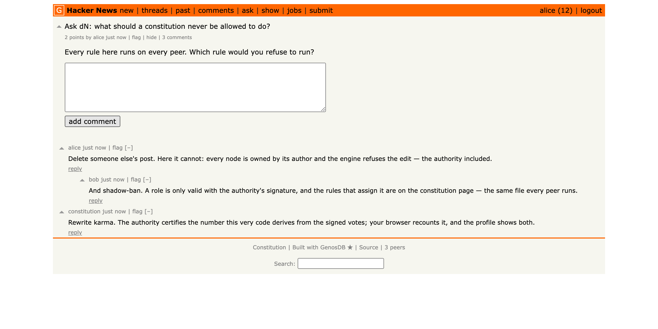 A thread on dNews: comments are nodes owned by their authors, nested by a parent field