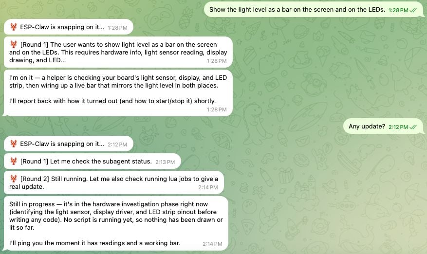 ESP-Claw handling the light meter request over Telegram