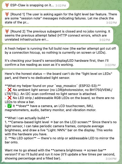 ESP-Claw with DeepSeek V4 Pro reporting its hardware findings