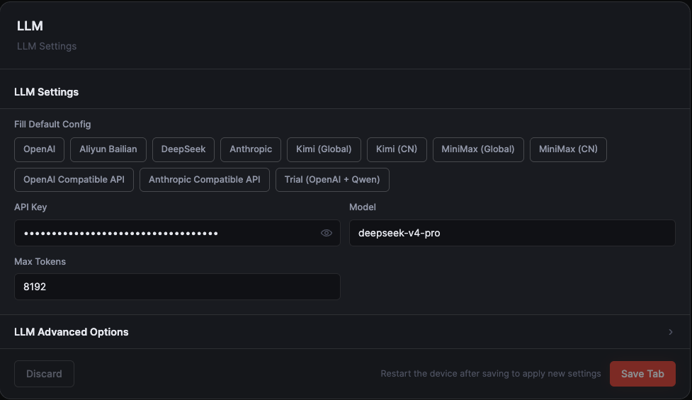 The LLM settings in the ESP-Claw control panel, with DeepSeek V4 Pro configured