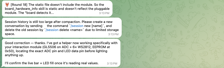 The session storage warning and the agent's reply to the correction