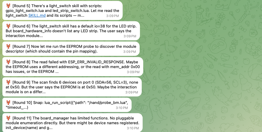 ESP-Claw's round-by-round progress notes after the correction