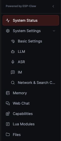 The ESP-Claw control panel sidebar
