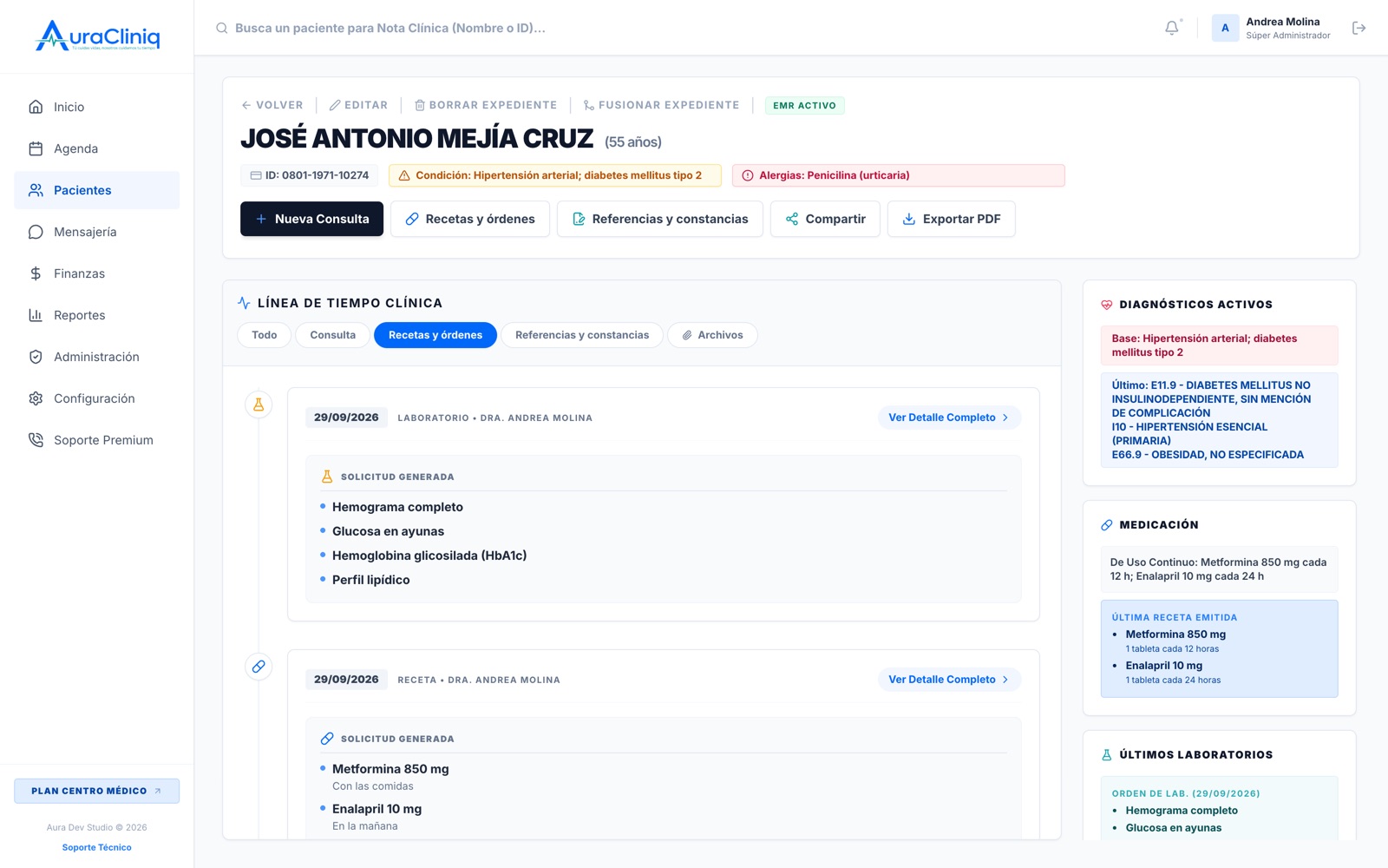 Línea de tiempo del expediente con consultas, recetas, órdenes y archivos filtrables
