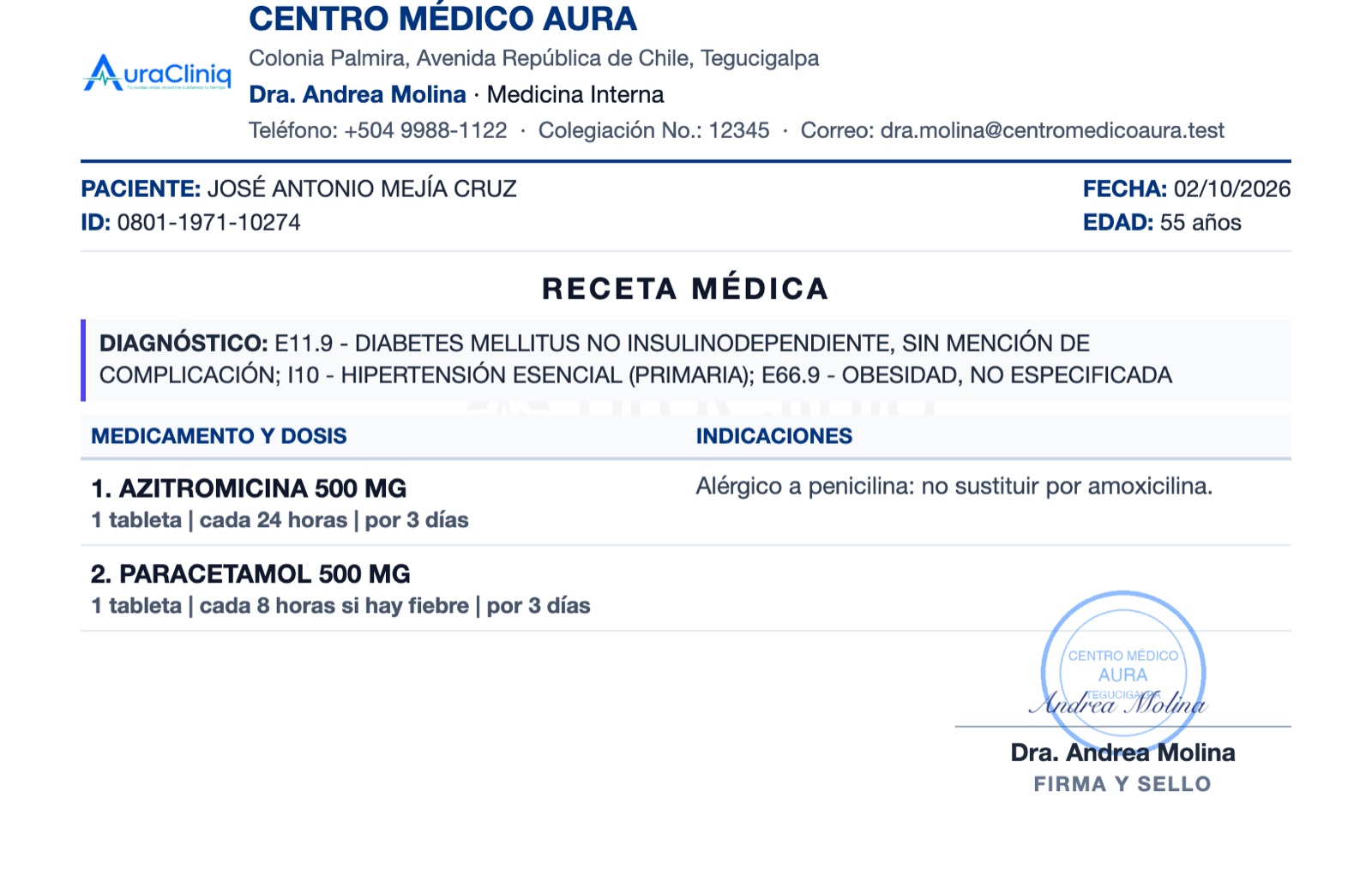 Receta médica impresa en media carta generada por AuraCliniq, con encabezado del médico y diagnóstico