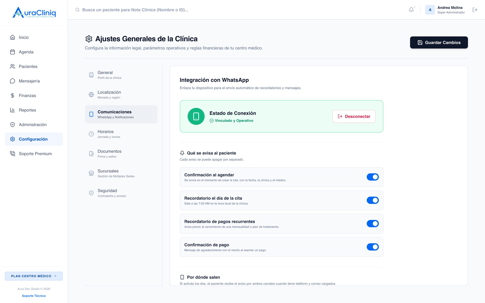 Configuración de avisos al paciente en AuraCliniq: qué se avisa y por qué canal
