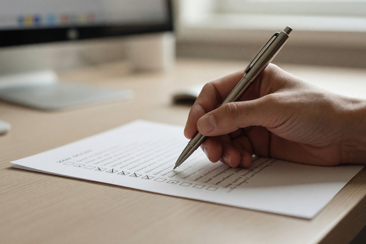 A hand ticking items on a printed checklist