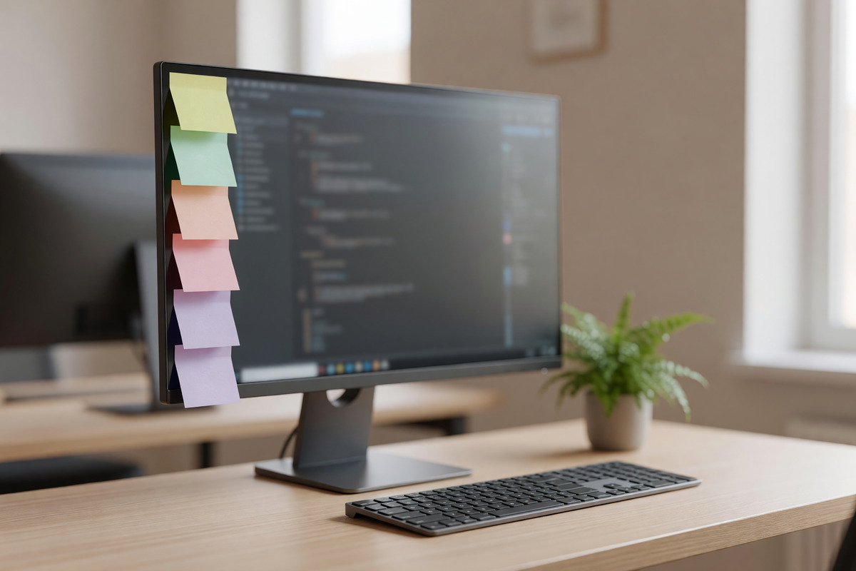Sticky notes lined up beside a monitor on a desk