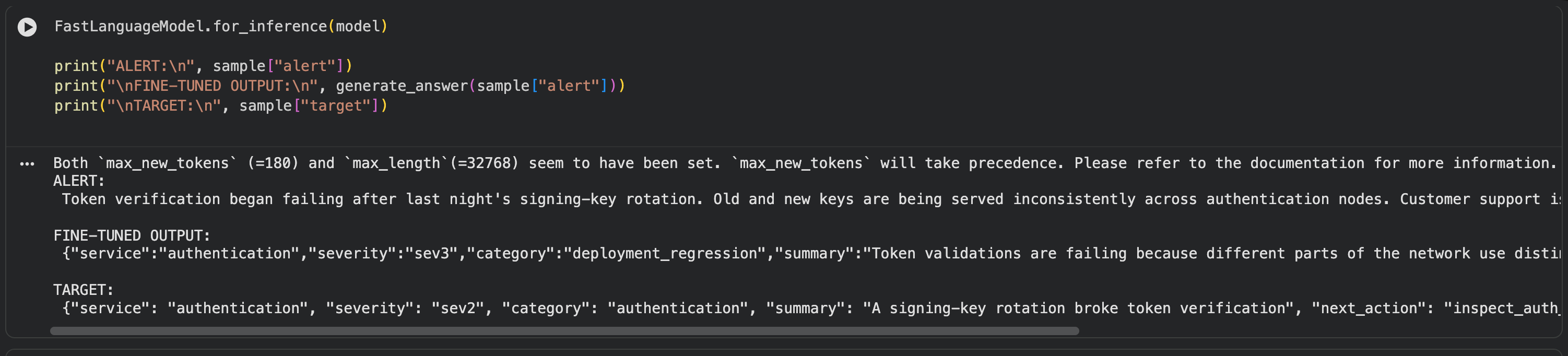 Fine-tuned sample producing valid JSON but incorrect incident fields