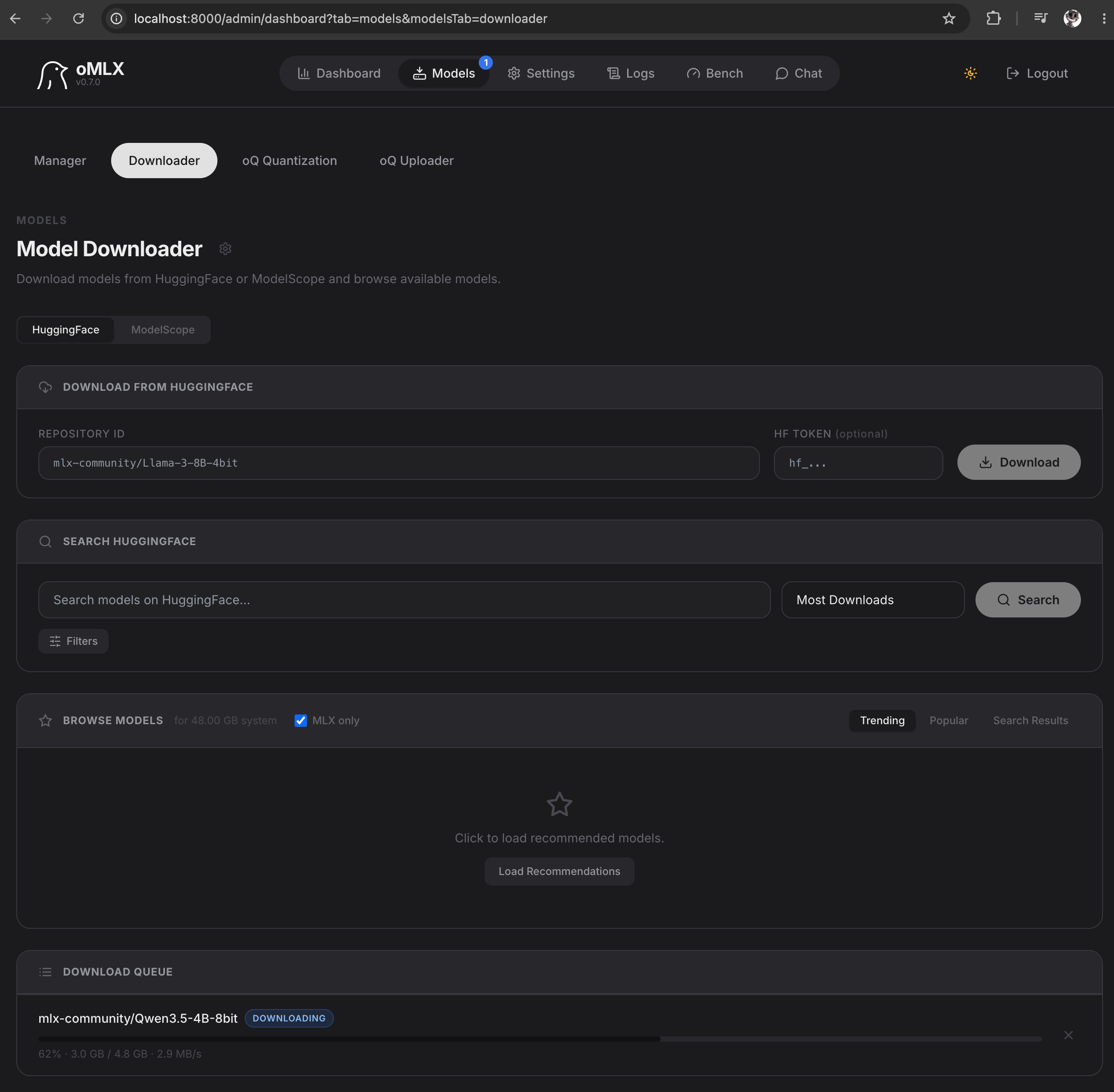oMLX admin dashboard with a model loaded and serving