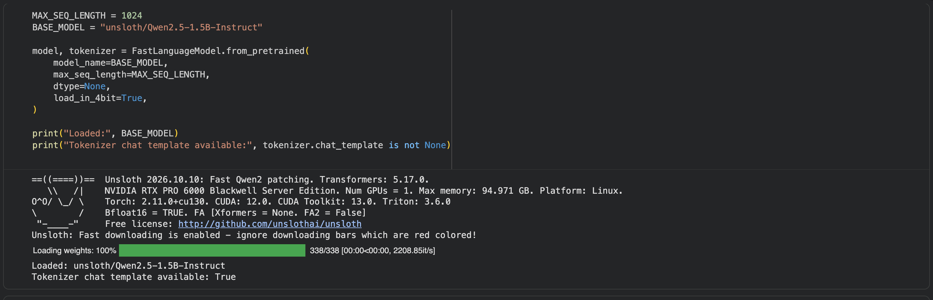 Qwen2.5-1.5B-Instruct loaded in 4-bit with a chat template