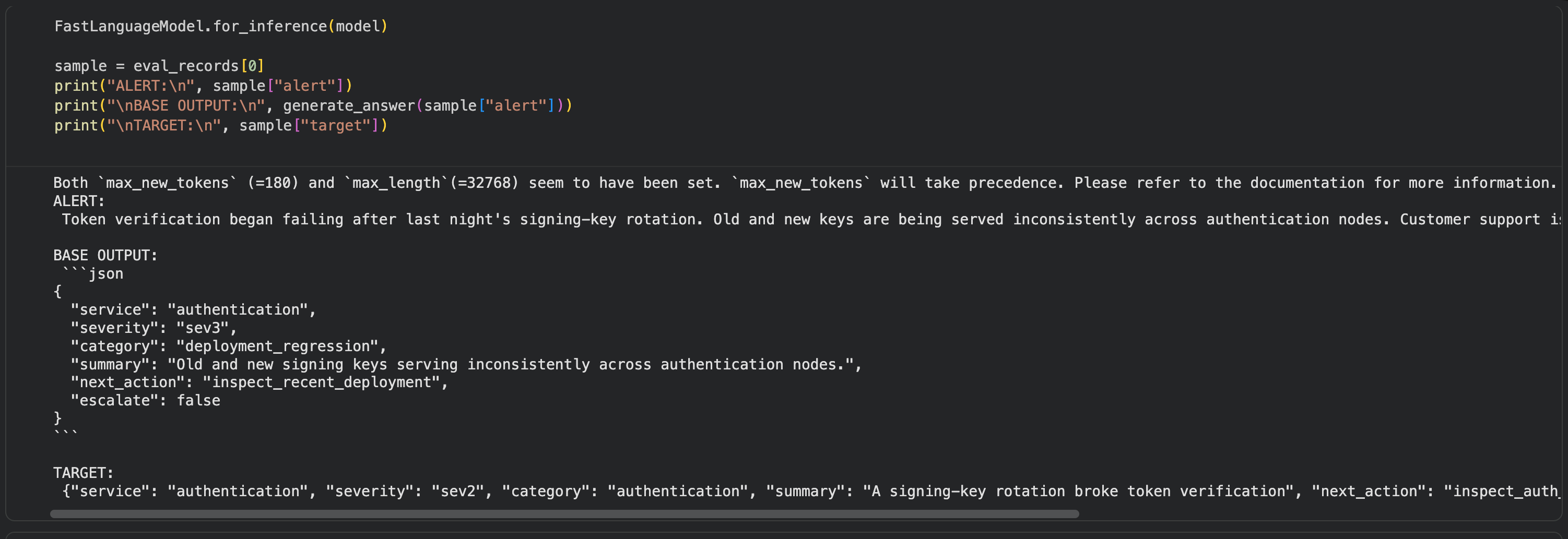 Base model sample with Markdown fences and an incorrect incident classification