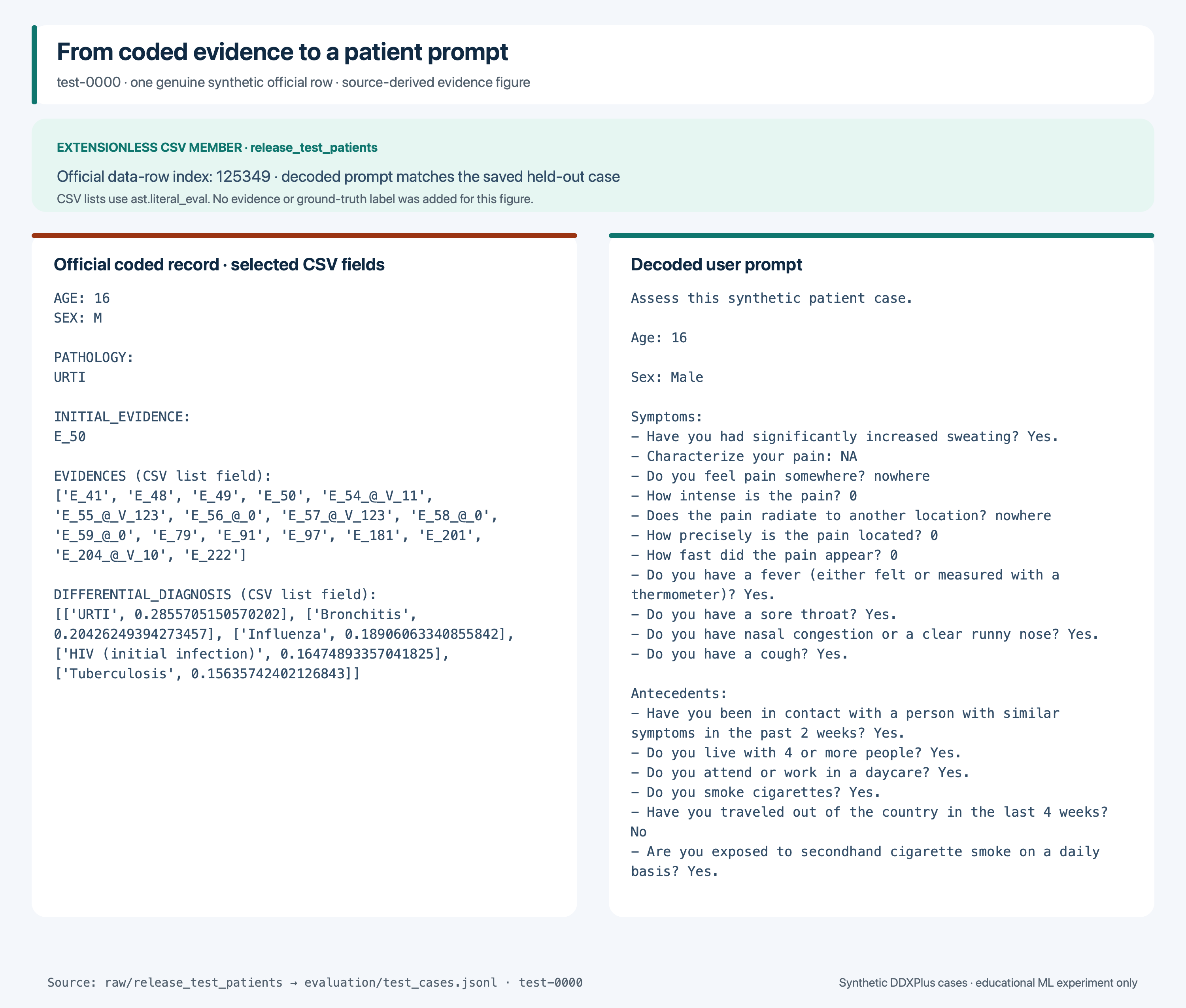 Official coded DDXPlus fields beside the exact decoded prompt for a synthetic held-out case