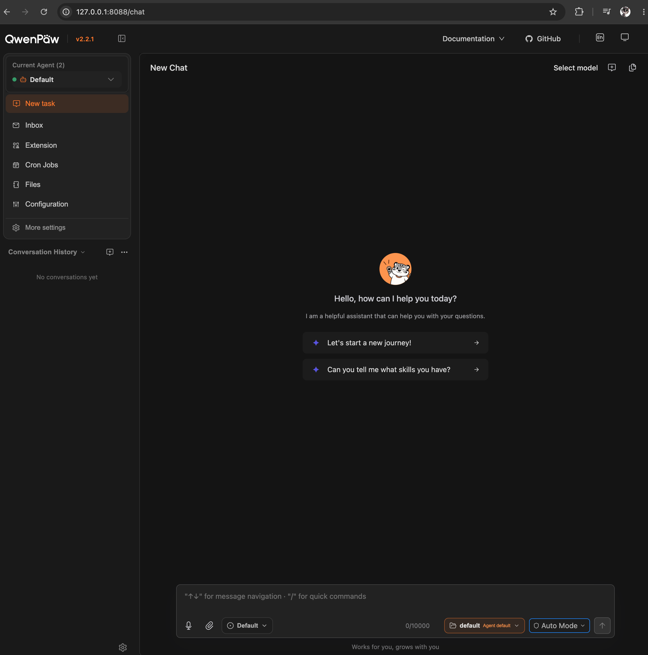 QwenPaw web console with an agent conversation open