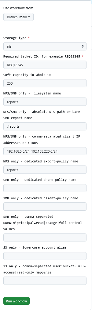 The GitHub Actions form interface for requesting storage